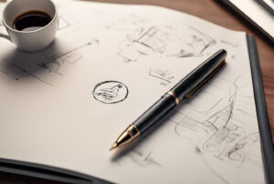 Stift auf Notizblock mit Skizzen und Espresso